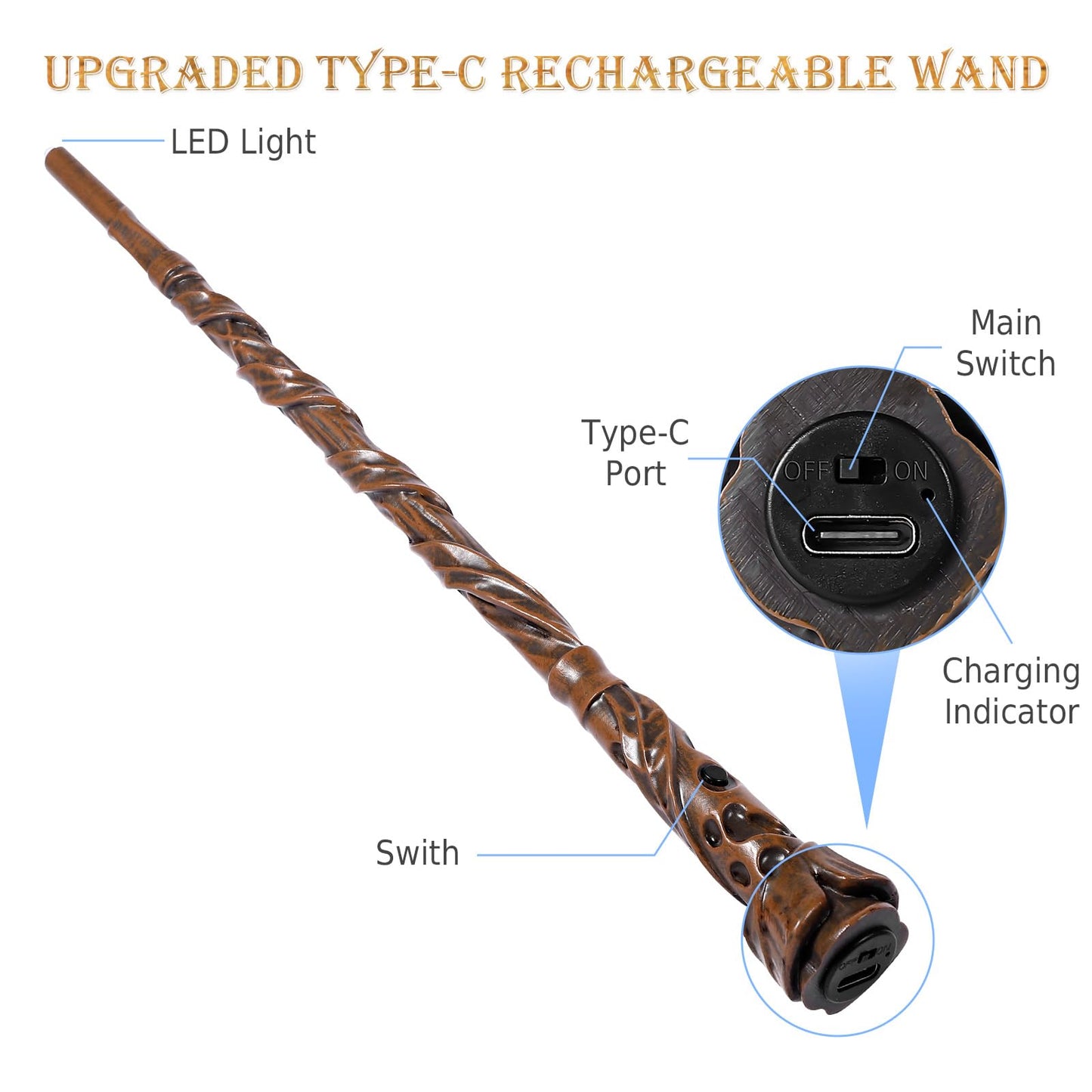 CharmFields Blossom Light Up Wizard Wand – 5-Color LED, Rechargeable Resin Cosplay Prop