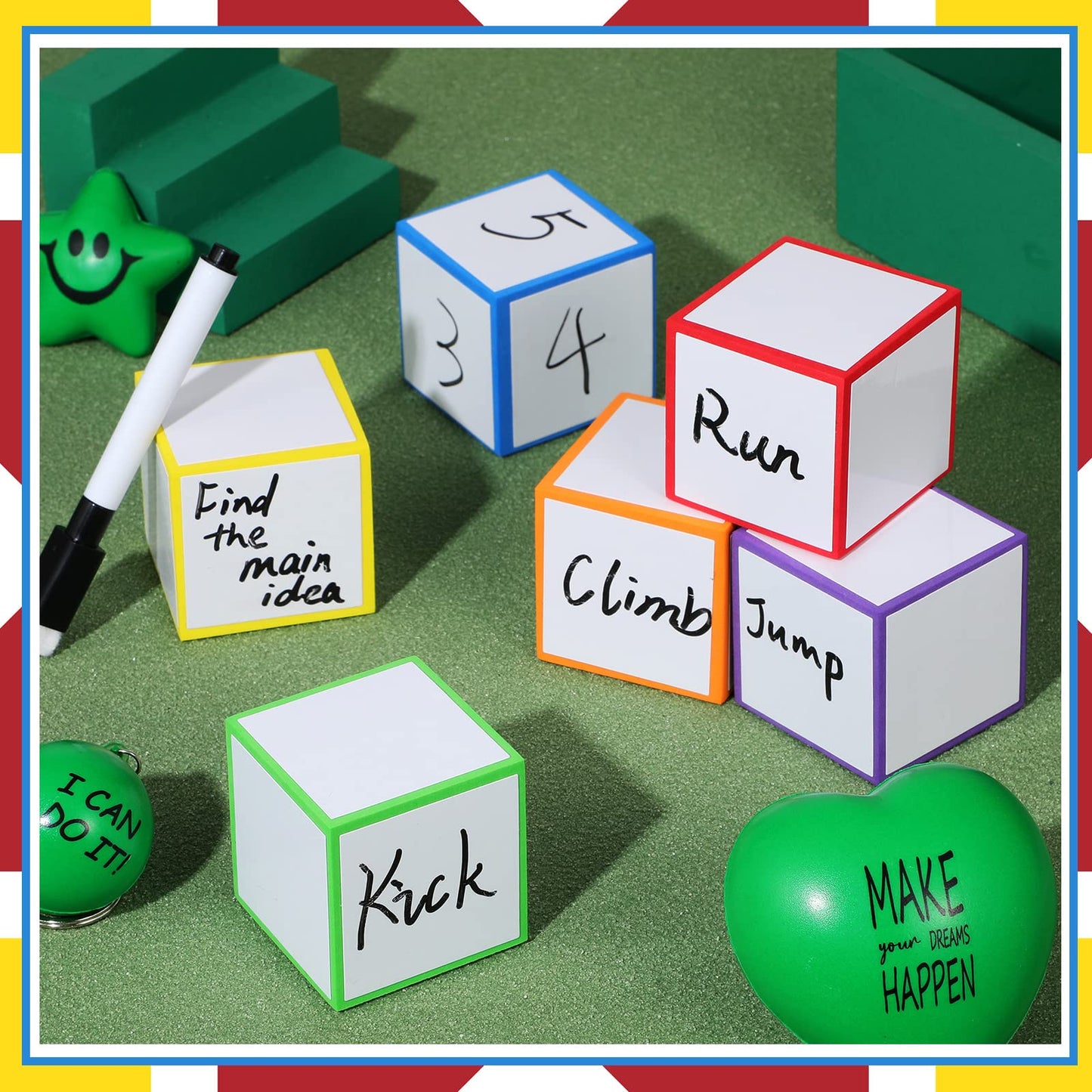 Charniol 7 Pcs Dry Erase Dice Blocks with Marker – 2x2x2 Foam Cubes for Classroom & Games