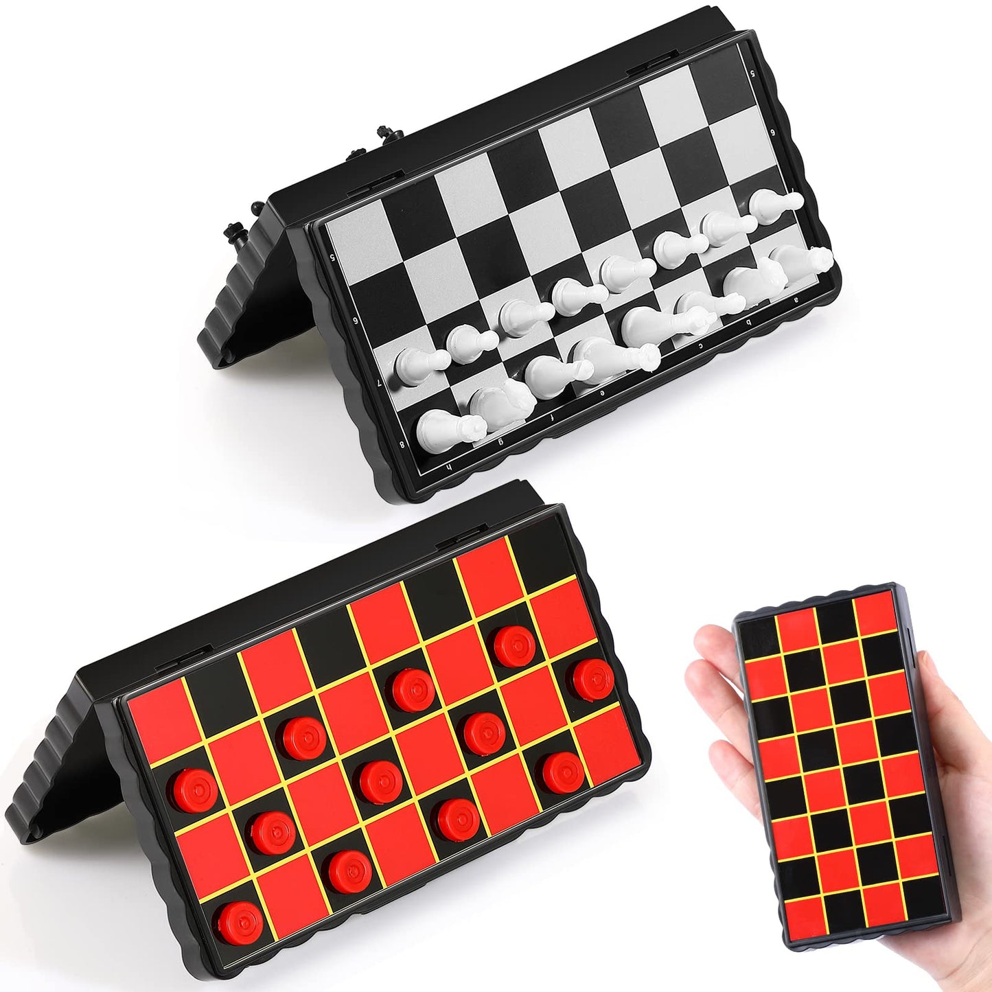Charniol Magnetic Travel Chess Set + Mini Checkers – Portable Folding Board for Family Fun (2 Pcs)