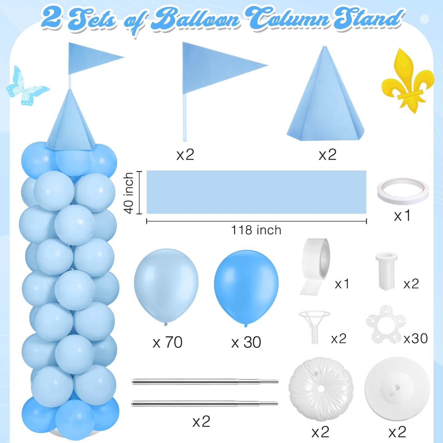 Charnoel 2 Sets Adjustable Blue Princess Castle Balloon Column Stand Kit - 140 Balloons