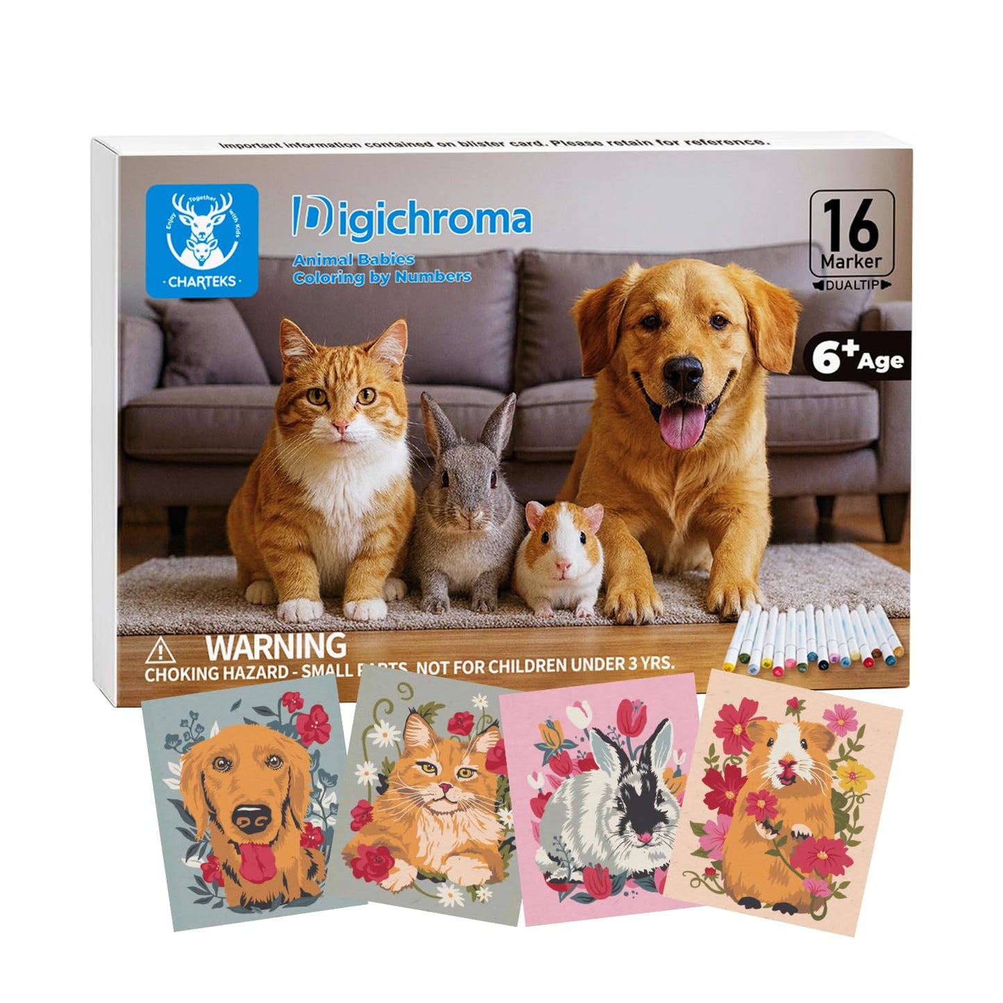 CHARTEKS Digichroma Disappearing Lines Paint by Numbers Kit for Kids 6-12 – 16 Washable Dual-Tip Markers, 4 Animal Pages, Blank Papers, Frame-Worthy Art