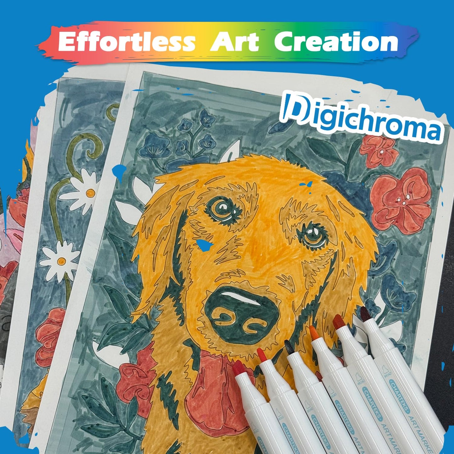 CHARTEKS Digichroma Disappearing Lines Paint by Numbers Kit for Kids 6-12 – 16 Washable Dual-Tip Markers, 4 Animal Pages, Blank Papers, Frame-Worthy Art