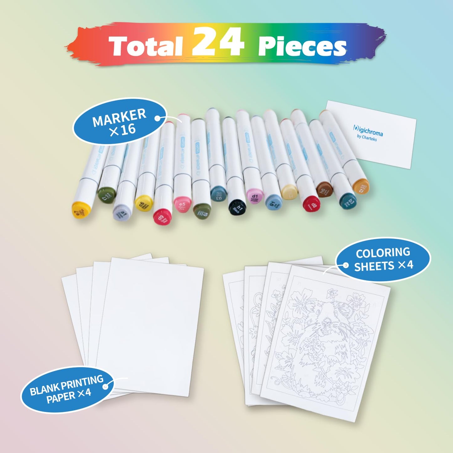 CHARTEKS Digichroma Disappearing Lines Paint by Numbers Kit for Kids 6-12 – 16 Washable Dual-Tip Markers, 4 Animal Pages, Blank Papers, Frame-Worthy Art