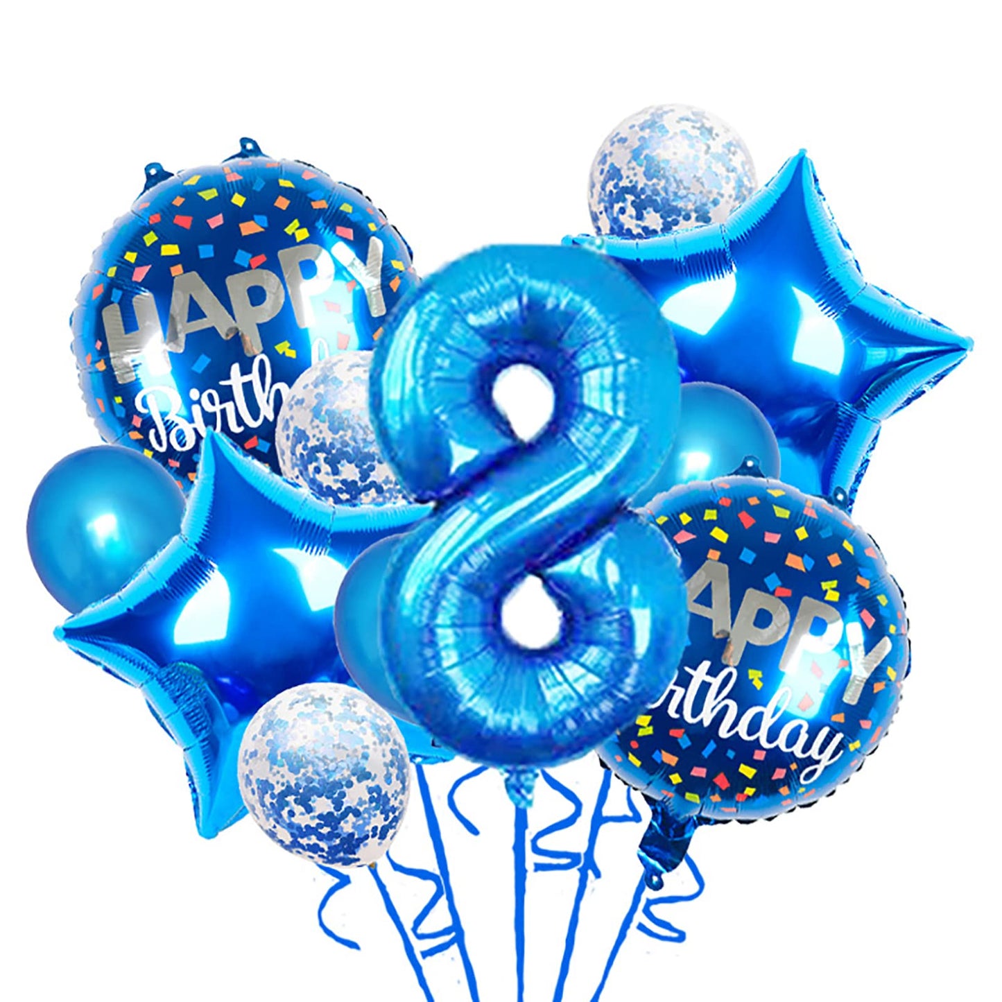Chaungfu 11-Pcs Blue Foil Balloons for 8th Birthday – Confetti & Star Balloons Set