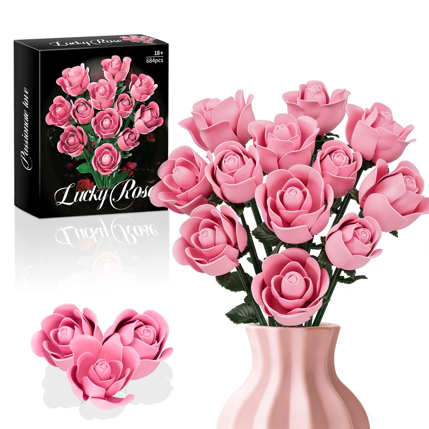 CHBOMTELEY Pink Rose Bouquet Building Set – 684 Pcs, LEGO Compatible, Gift for Adults