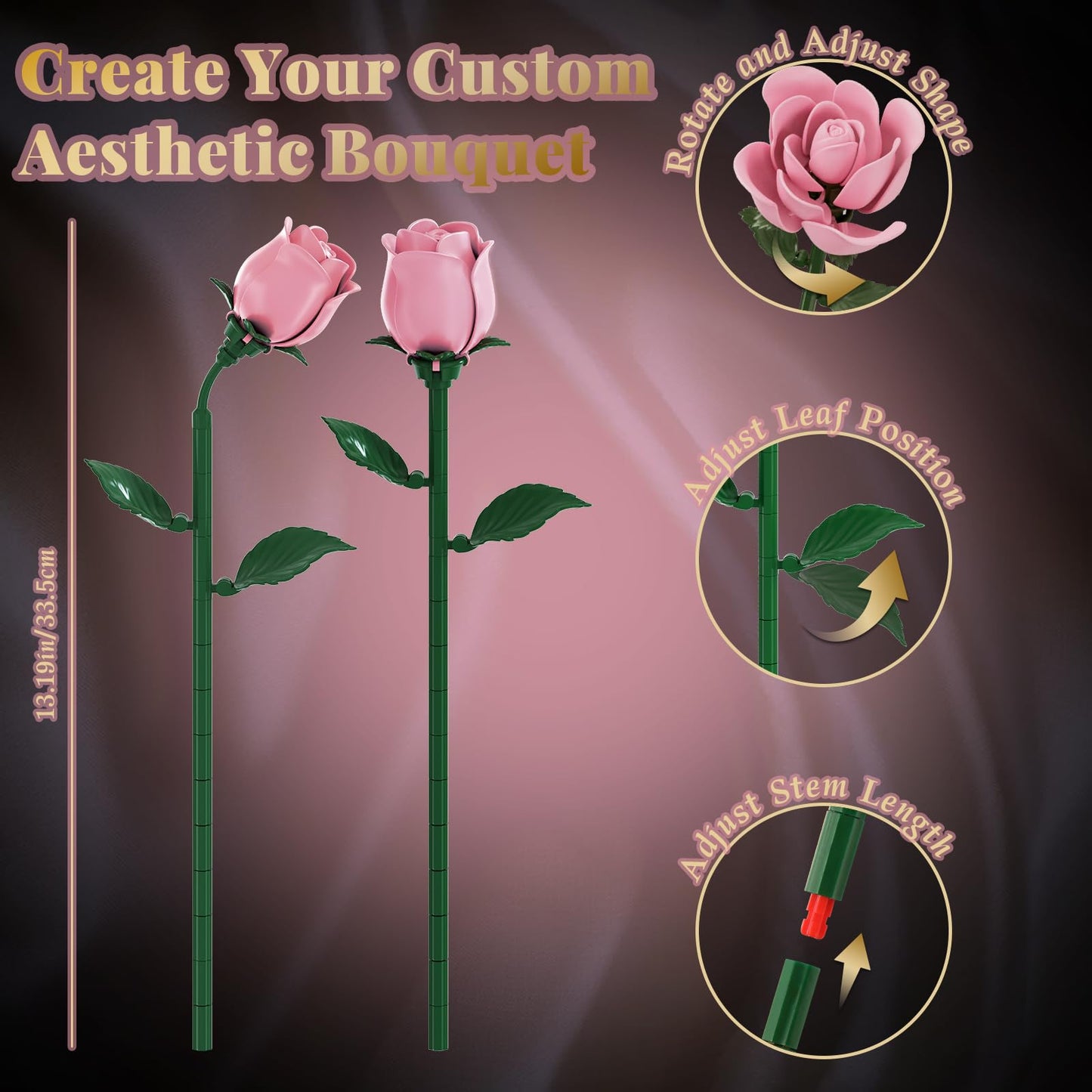 CHBOMTELEY Pink Rose Bouquet Building Set – 684 Pcs, LEGO Compatible, Gift for Adults