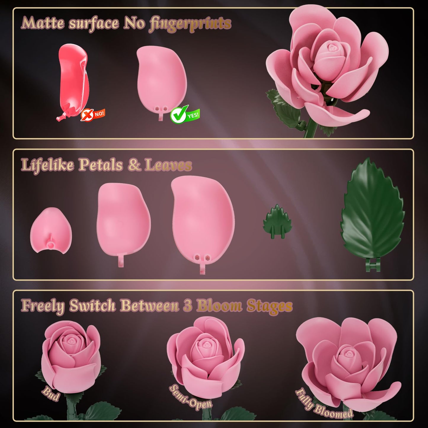 CHBOMTELEY Pink Rose Bouquet Building Set – 684 Pcs, LEGO Compatible, Gift for Adults