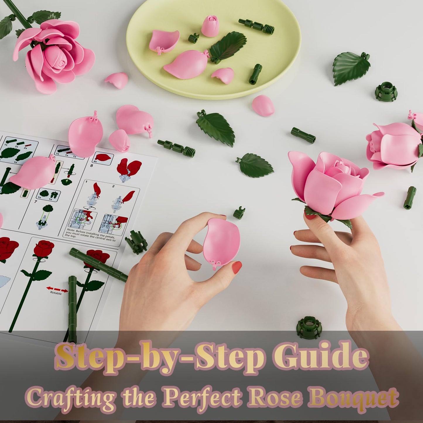 CHBOMTELEY Pink Rose Bouquet Building Set – 684 Pcs, LEGO Compatible, Gift for Adults