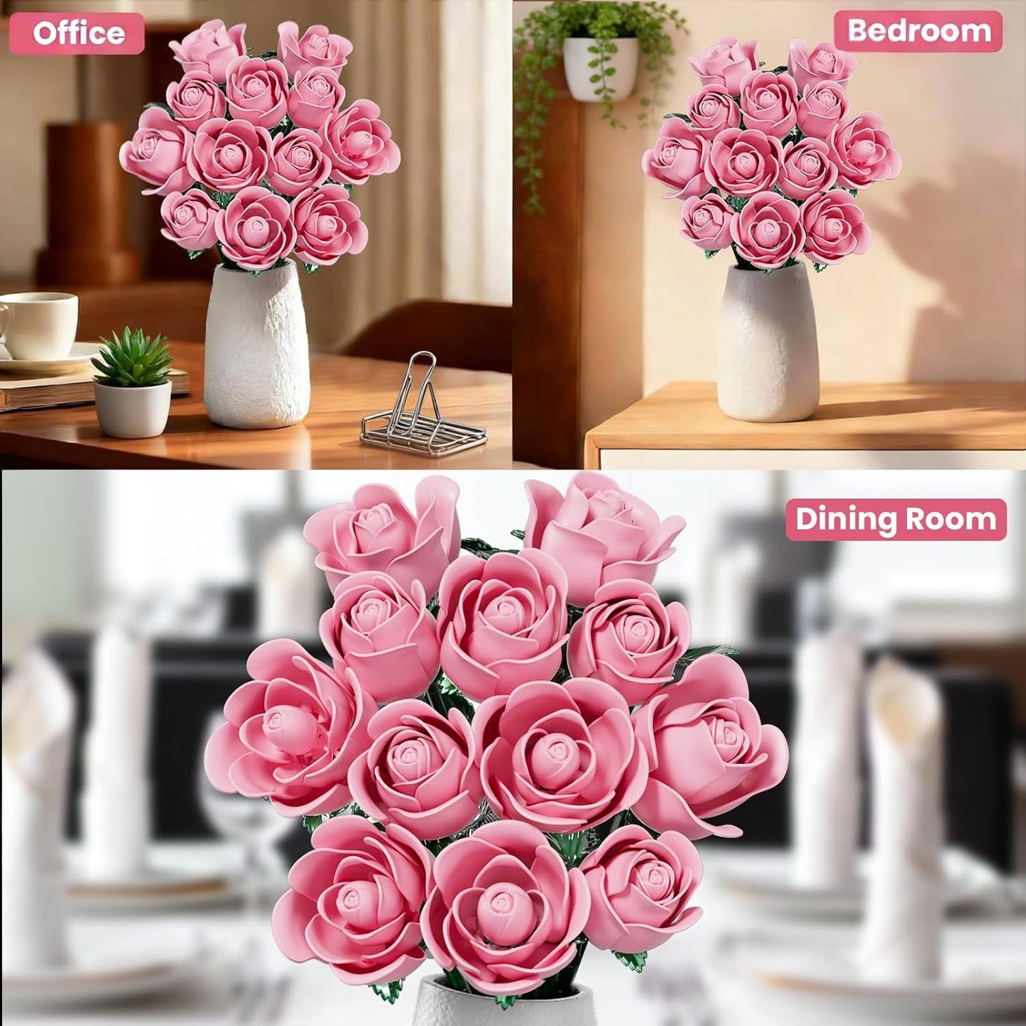 CHBOMTELEY Pink Rose Bouquet Building Set – 684 Pcs, LEGO Compatible, Gift for Adults