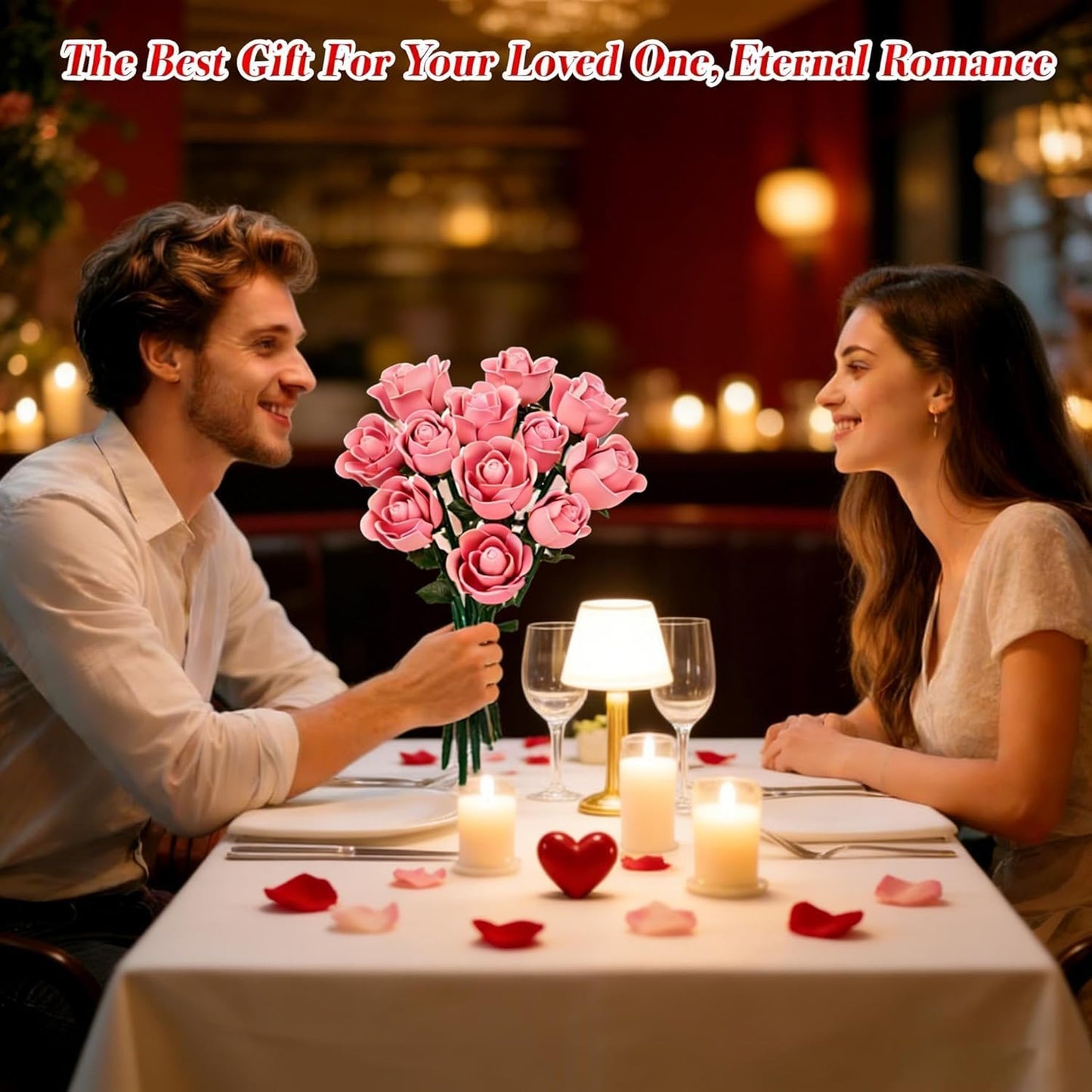 CHBOMTELEY Pink Rose Bouquet Building Set – 684 Pcs, LEGO Compatible, Gift for Adults