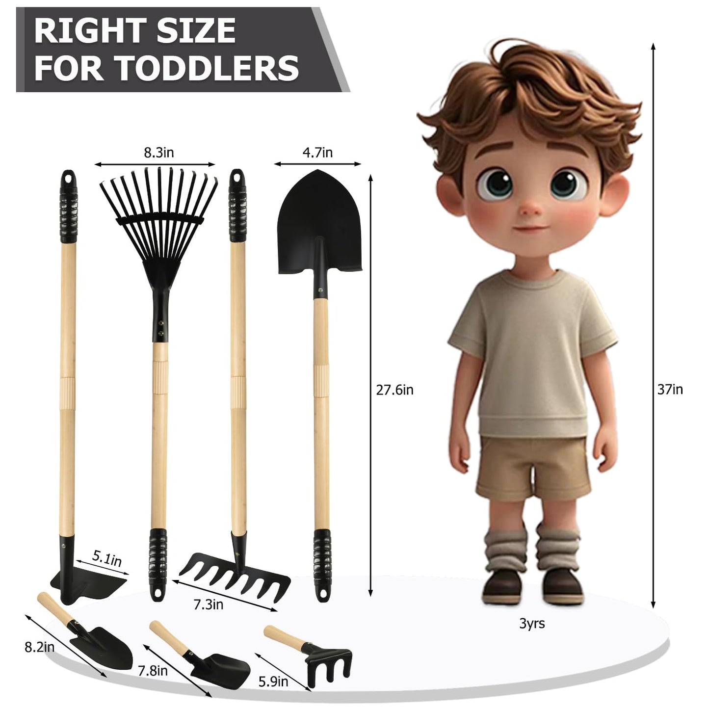CHEERBANK 7PCS Kids Gardening Tools Set | Long Shovel, Rake, Spade, Hoe with Steel Heads & Wood Handles