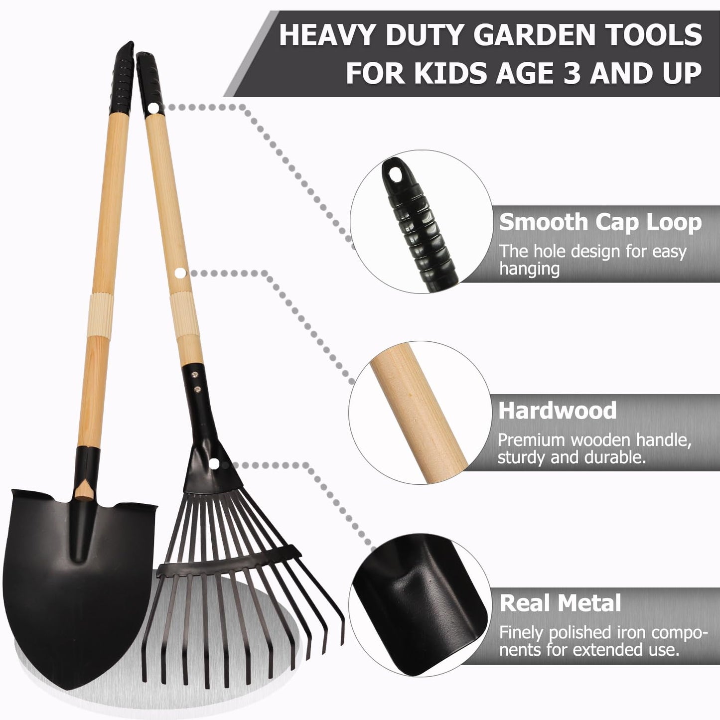 CHEERBANK 7PCS Kids Gardening Tools Set | Long Shovel, Rake, Spade, Hoe with Steel Heads & Wood Handles