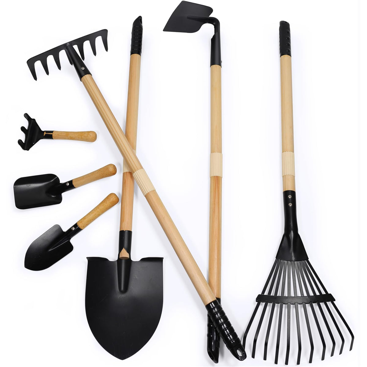 CHEERBANK 7PCS Kids Gardening Tools Set | Long Shovel, Rake, Spade, Hoe with Steel Heads & Wood Handles