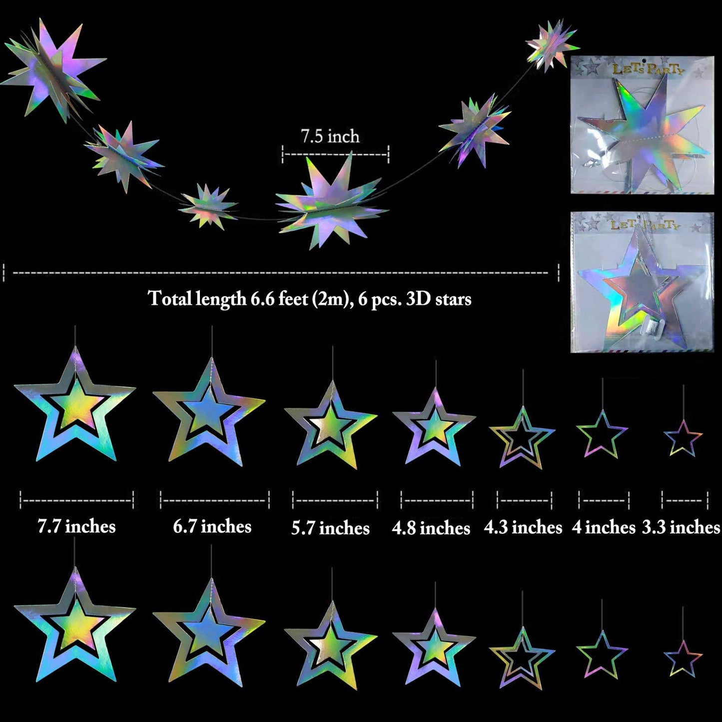 Cheerland Iridescent Star Garland – Holographic 3D Stars for Galaxy Party Decor