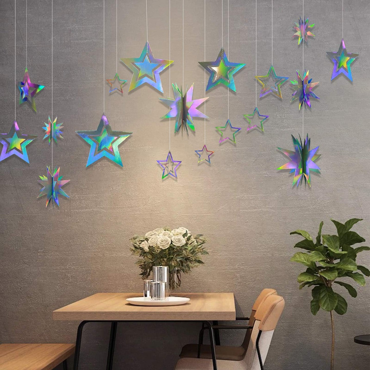 Cheerland Iridescent Star Garland – Holographic 3D Stars for Galaxy Party Decor