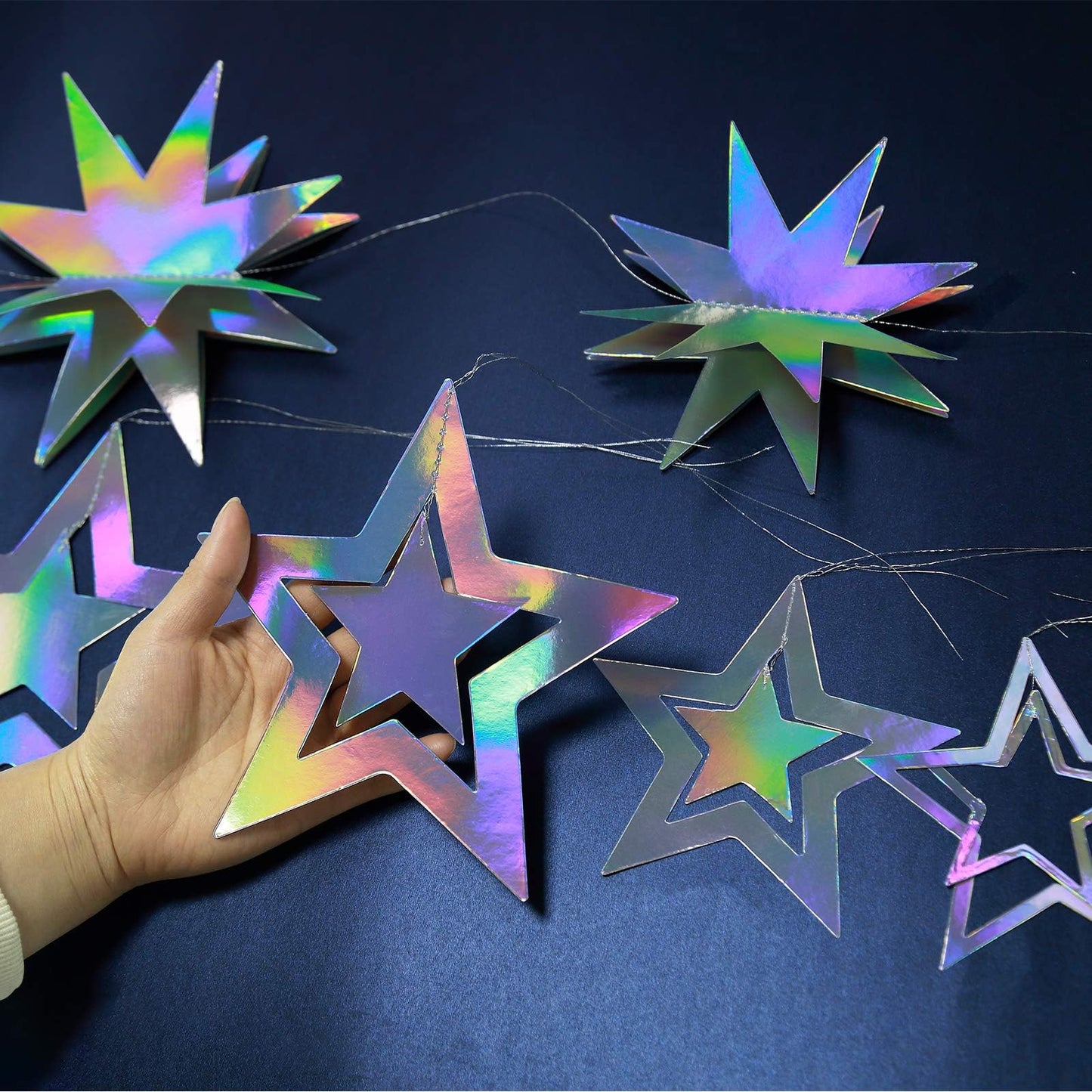 Cheerland Iridescent Star Garland – Holographic 3D Stars for Galaxy Party Decor