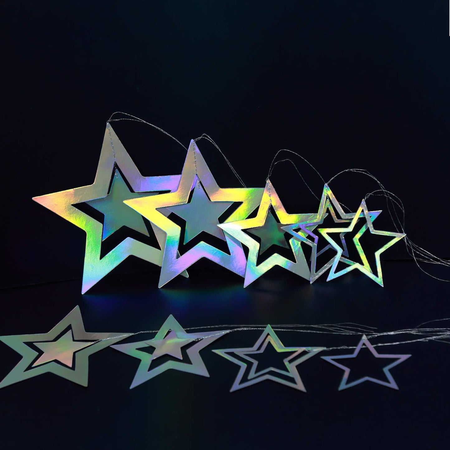Cheerland Iridescent Star Garland – Holographic 3D Stars for Galaxy Party Decor