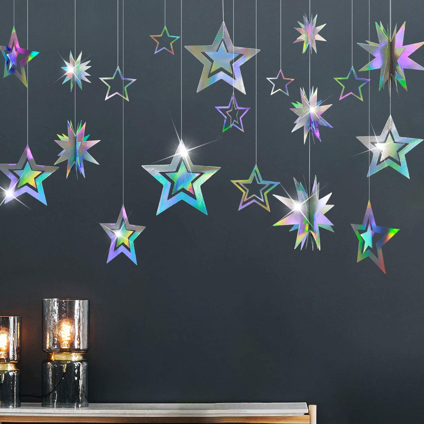 Cheerland Iridescent Star Garland – Holographic 3D Stars for Galaxy Party Decor