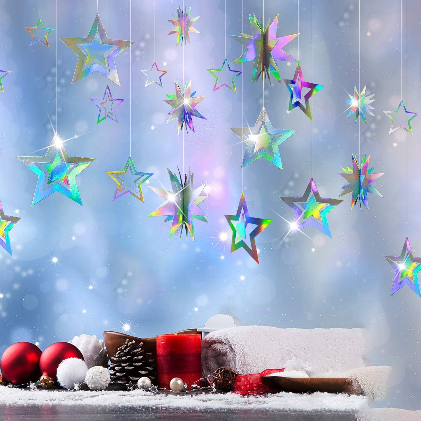 Cheerland Iridescent Star Garland – Holographic 3D Stars for Galaxy Party Decor