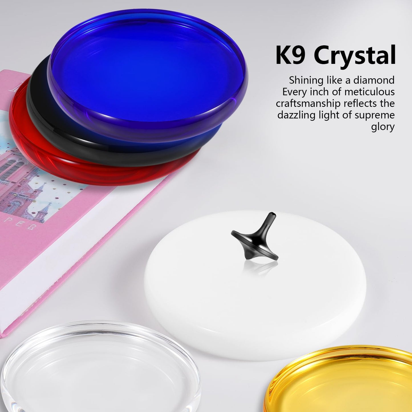 CHEETOP Optical Glass Spinning Top Base - Double Concave Crystal, 4.72-inch Diameter, 0.55-inch Thick, Low-Friction for Extended Spin, Impact-Resistant (L White)