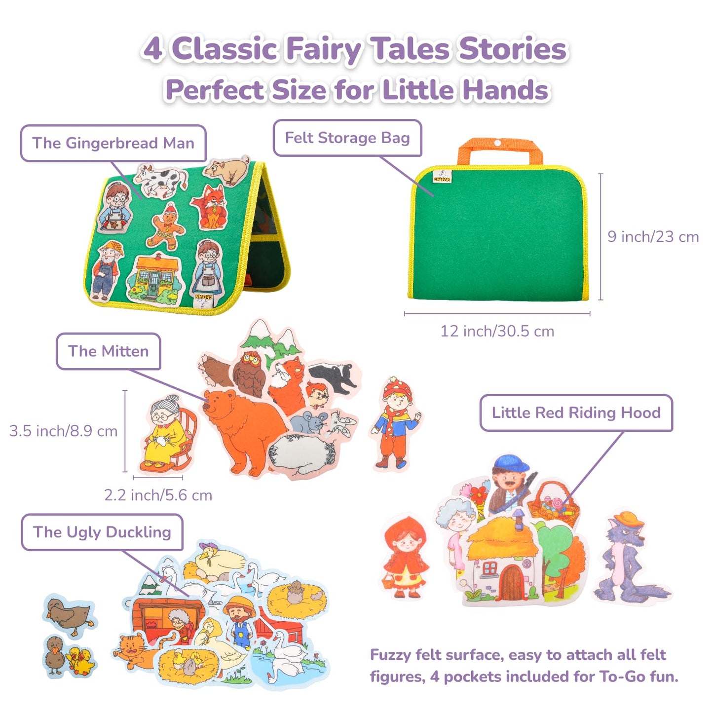 CHEFAN 4 Pack Felt Board Story Set – The Mitten, The Little Red Riding Hood, The Gingerbread Man, The Ugly Duckling