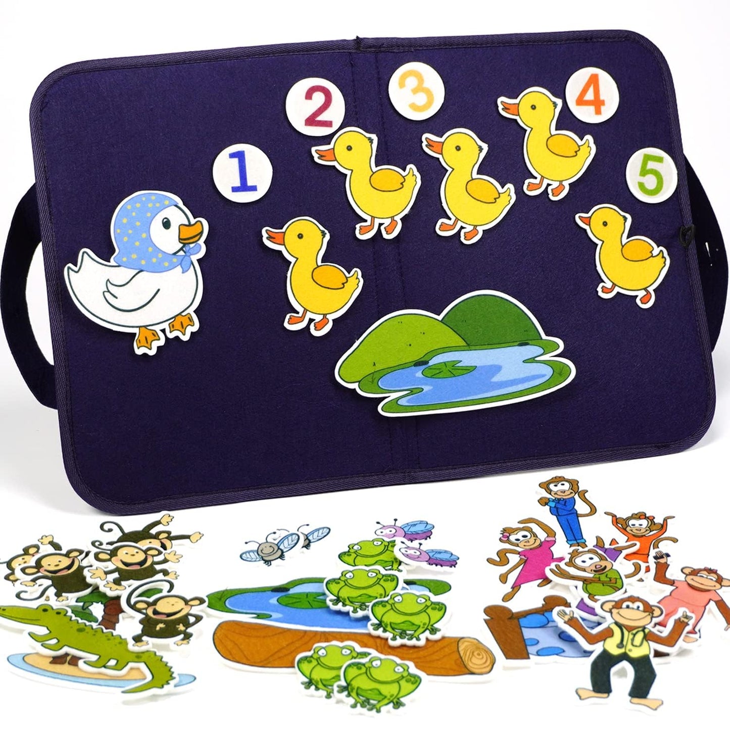 CHEFAN Felt Board for Toddlers – 4 Nursery Rhyme Story Sets with 5 Ducks, 5 Monkeys, and 5 Green Frogs