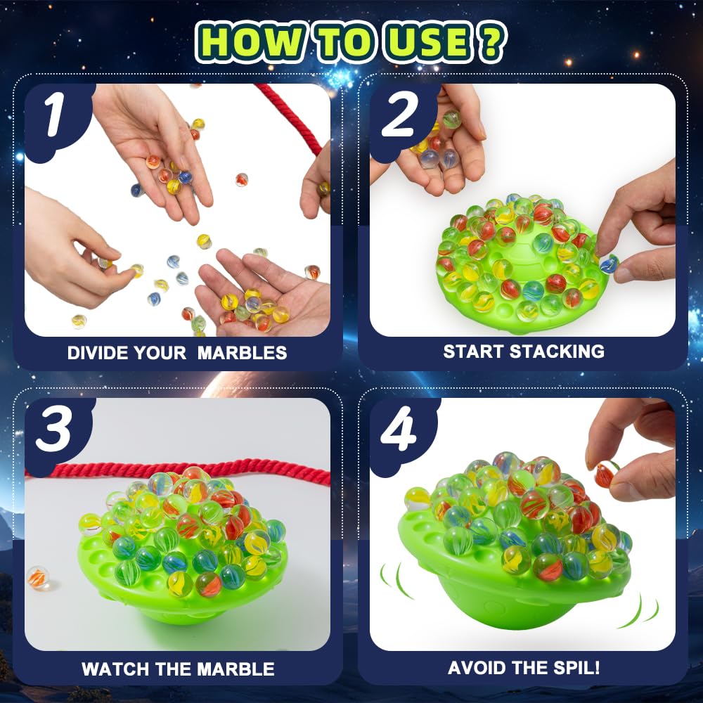 Chefensty Wobble Marble Stacking Game – 60 Glass Marbles, Storage Base, 1-4 Players