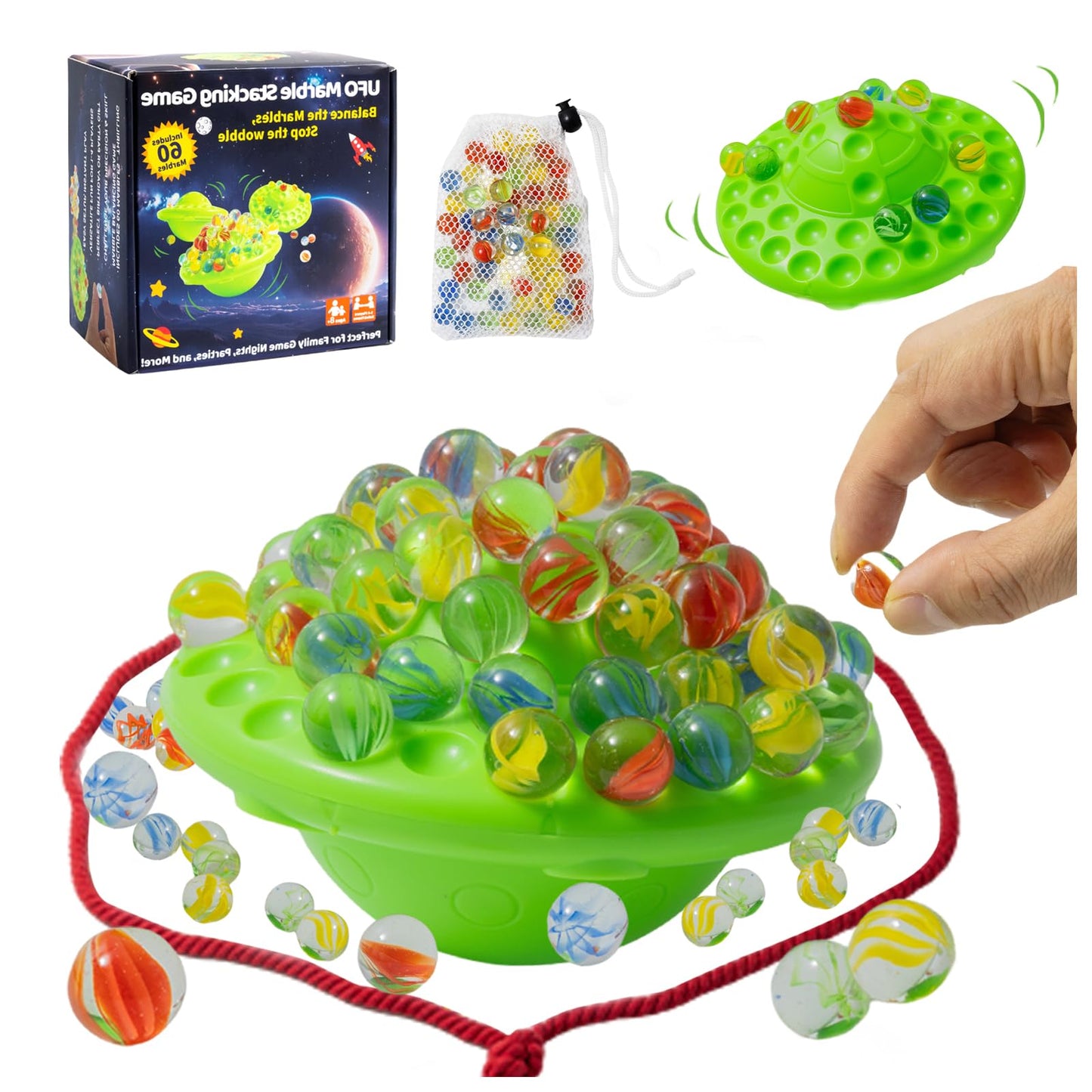 Chefensty Wobble Marble Stacking Game – 60 Glass Marbles, Storage Base, 1-4 Players