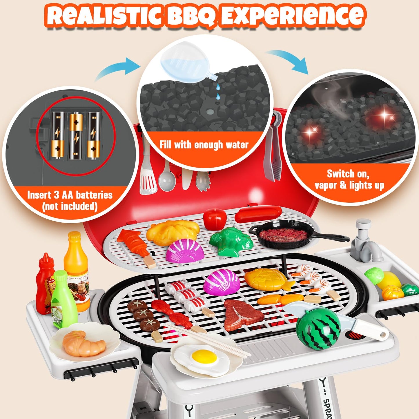Cheffun Kids Grill Play Kitchen Set – Smoke, Sound & Light BBQ Grill Toy for 3–8 Year Olds