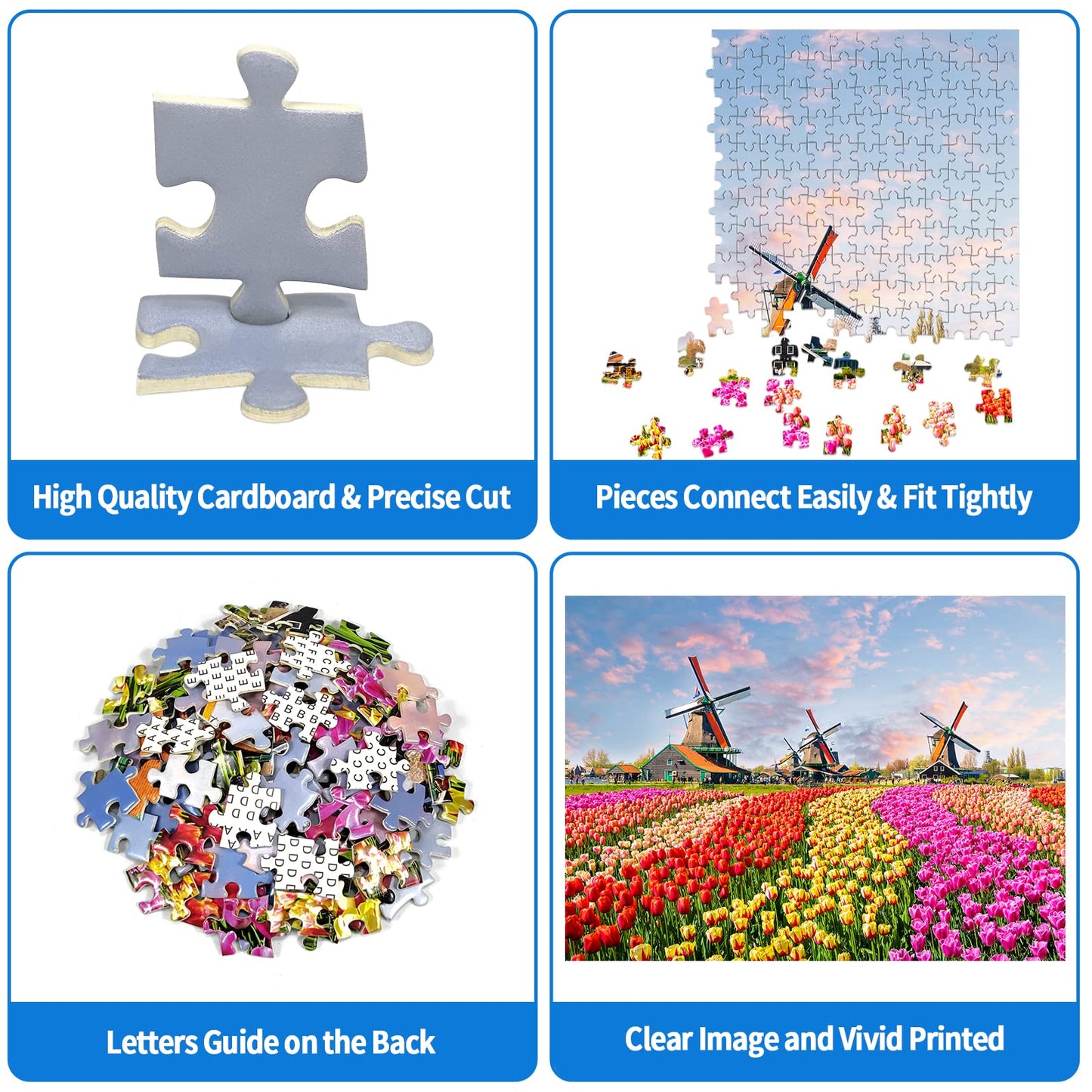 CHengQiSM 1000-Piece Jigsaw Puzzle – Holland Tulip Fields & Dutch Windmill for Adults