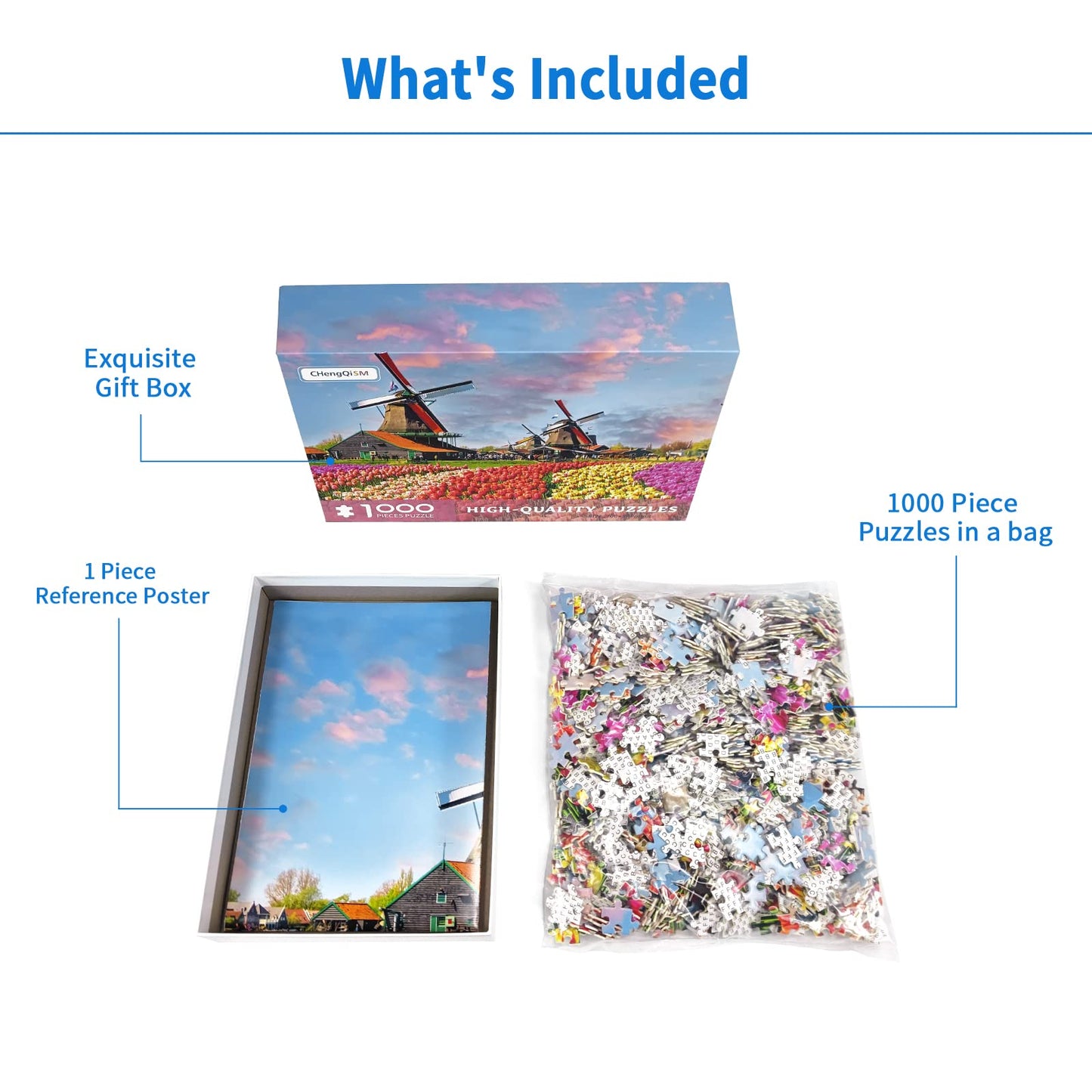 CHengQiSM 1000-Piece Jigsaw Puzzle – Holland Tulip Fields & Dutch Windmill for Adults