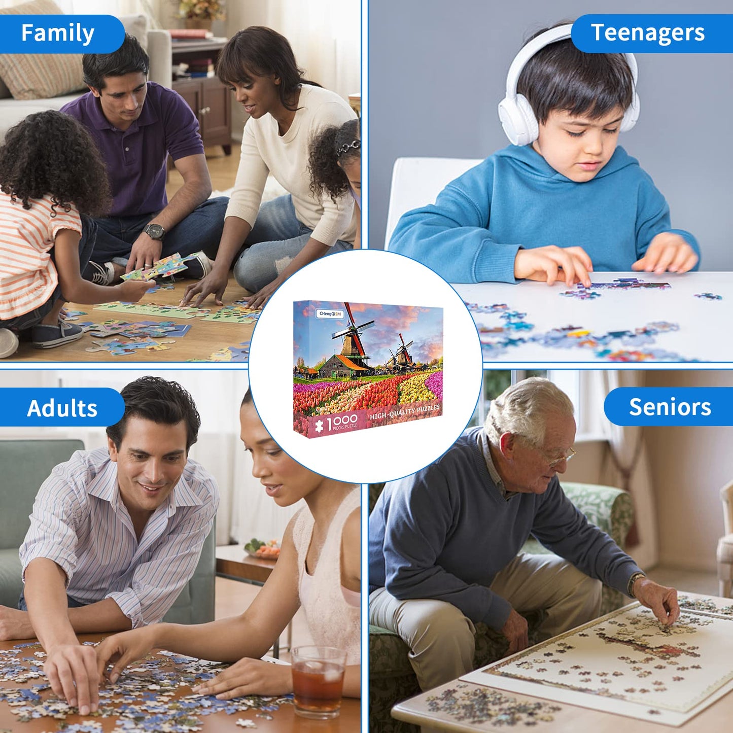 CHengQiSM 1000-Piece Jigsaw Puzzle – Holland Tulip Fields & Dutch Windmill for Adults