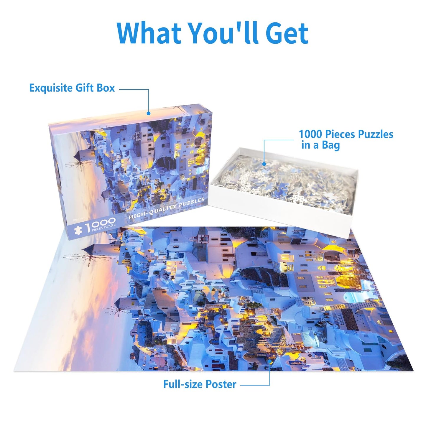 CHengQiSM 1000-Piece Santorini Landscape Puzzle – Sunset Skyline Jigsaw for Adults