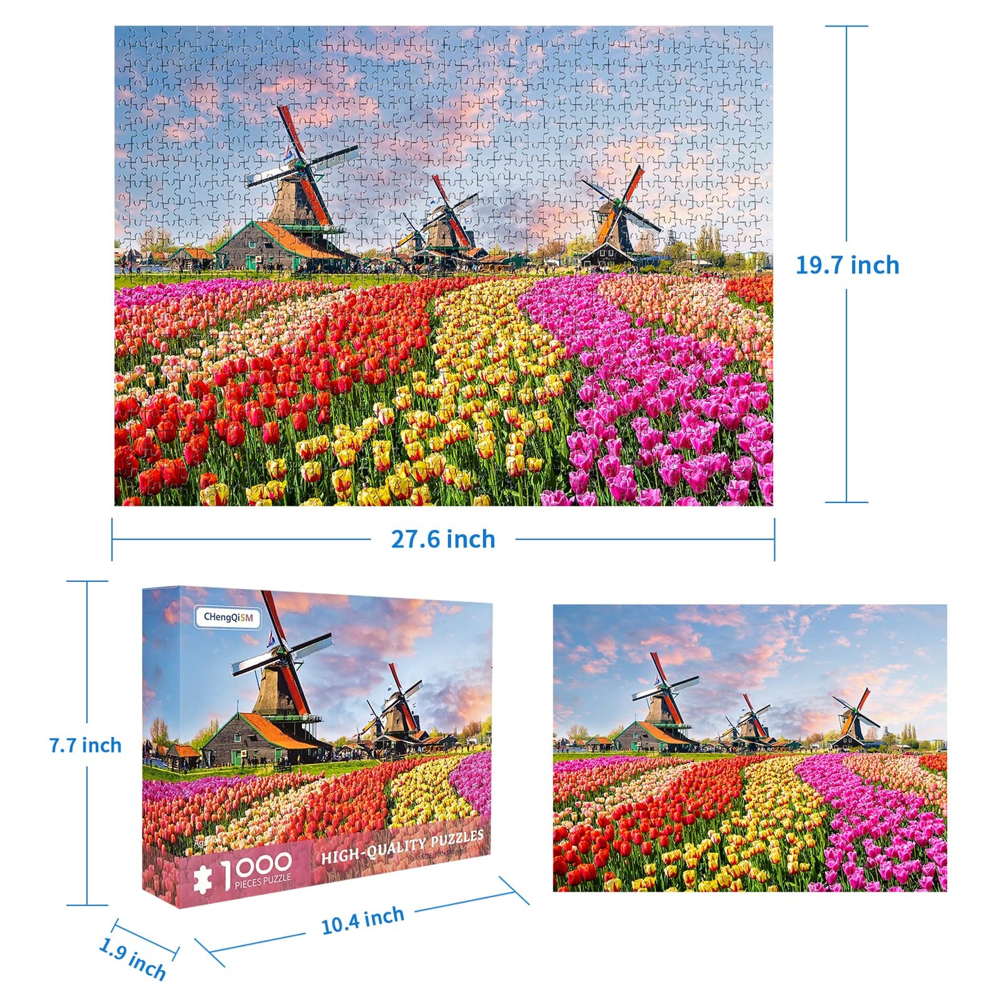 CHengQiSM 1000-Piece Jigsaw Puzzle – Holland Tulip Fields & Dutch Windmill for Adults