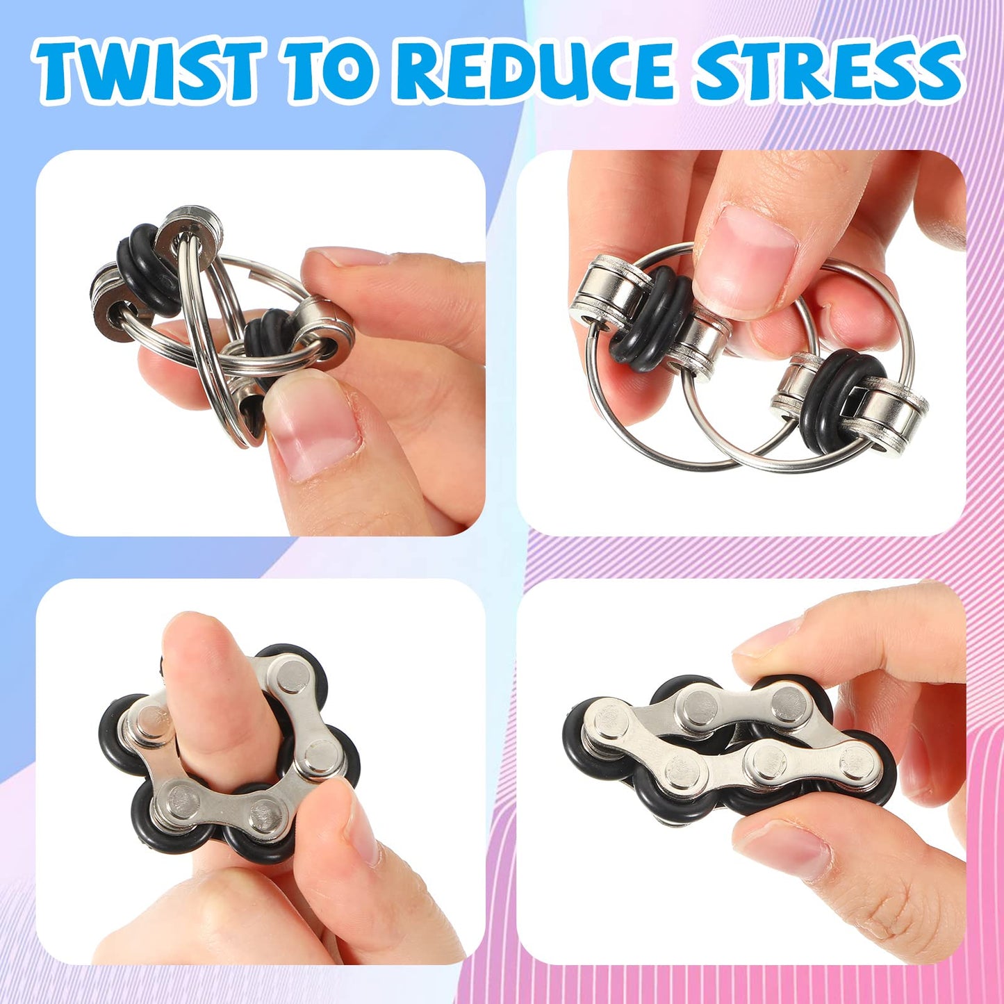 CHENGU 16 Pcs Fidget Toys Set – 8 Six Roller Chain & 8 Key Flippy Chain (Black)