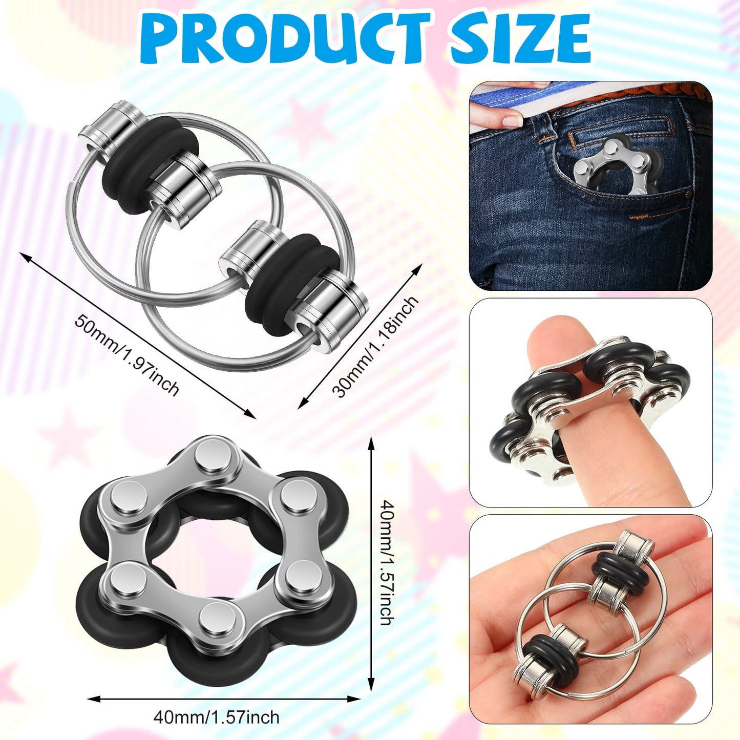 CHENGU 16 Pcs Fidget Toys Set – 8 Six Roller Chain & 8 Key Flippy Chain (Black)