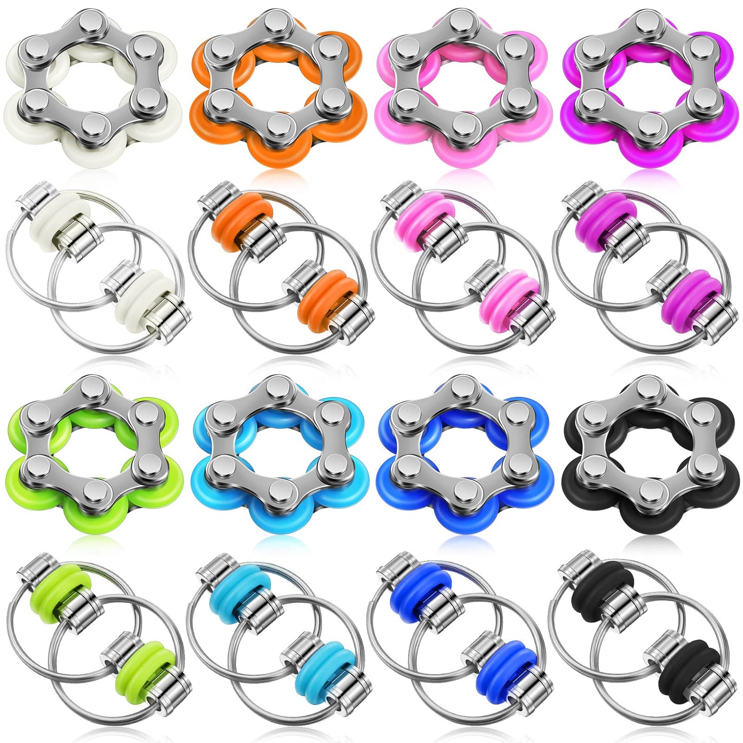 CHENGU 16 Pcs Fidget Toys Set – 8 Six-Roller Chain & 8 Bike Chain Toys for Focus & Stress Relief