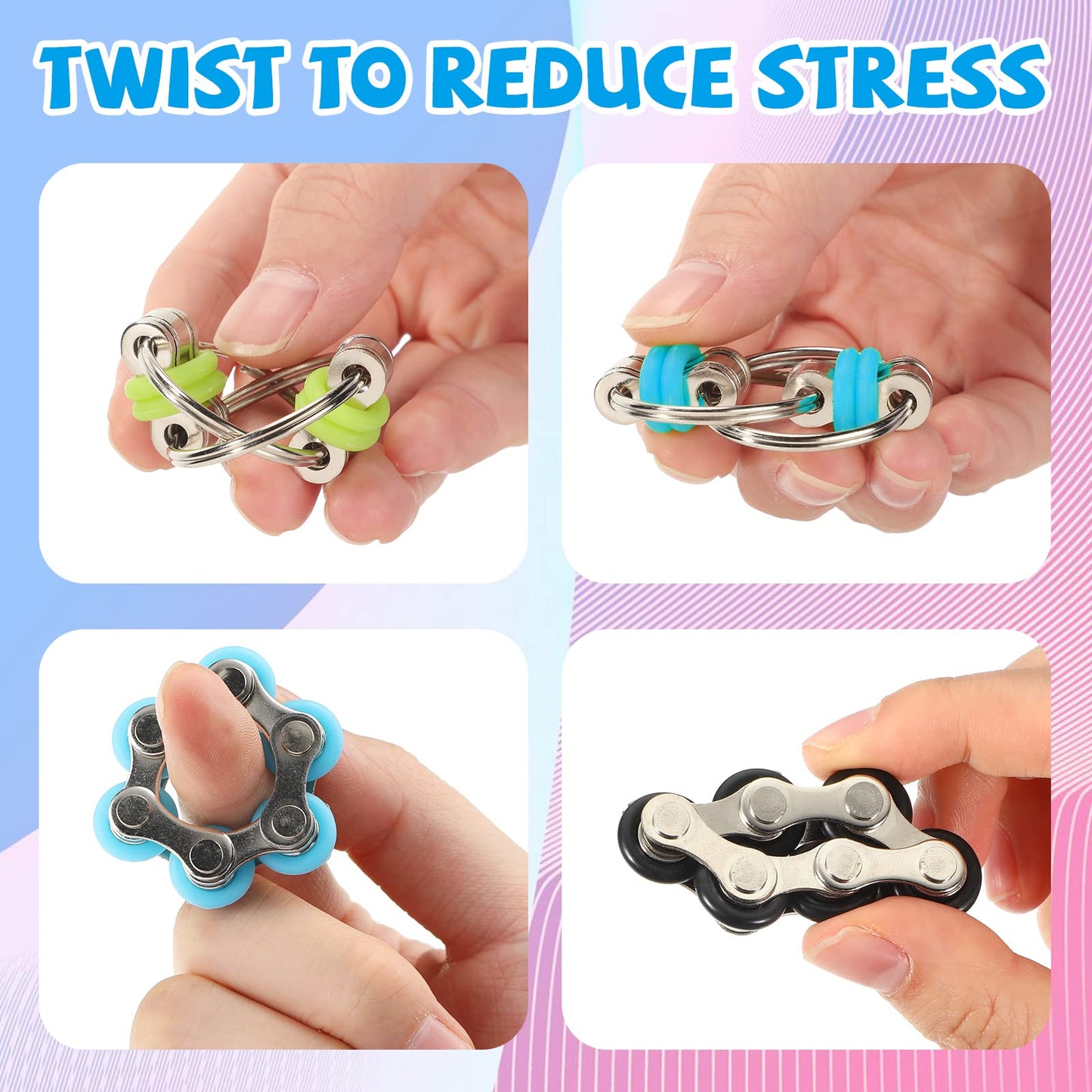 CHENGU 16 Pcs Fidget Toys Set – 8 Six-Roller Chain & 8 Bike Chain Toys for Focus & Stress Relief