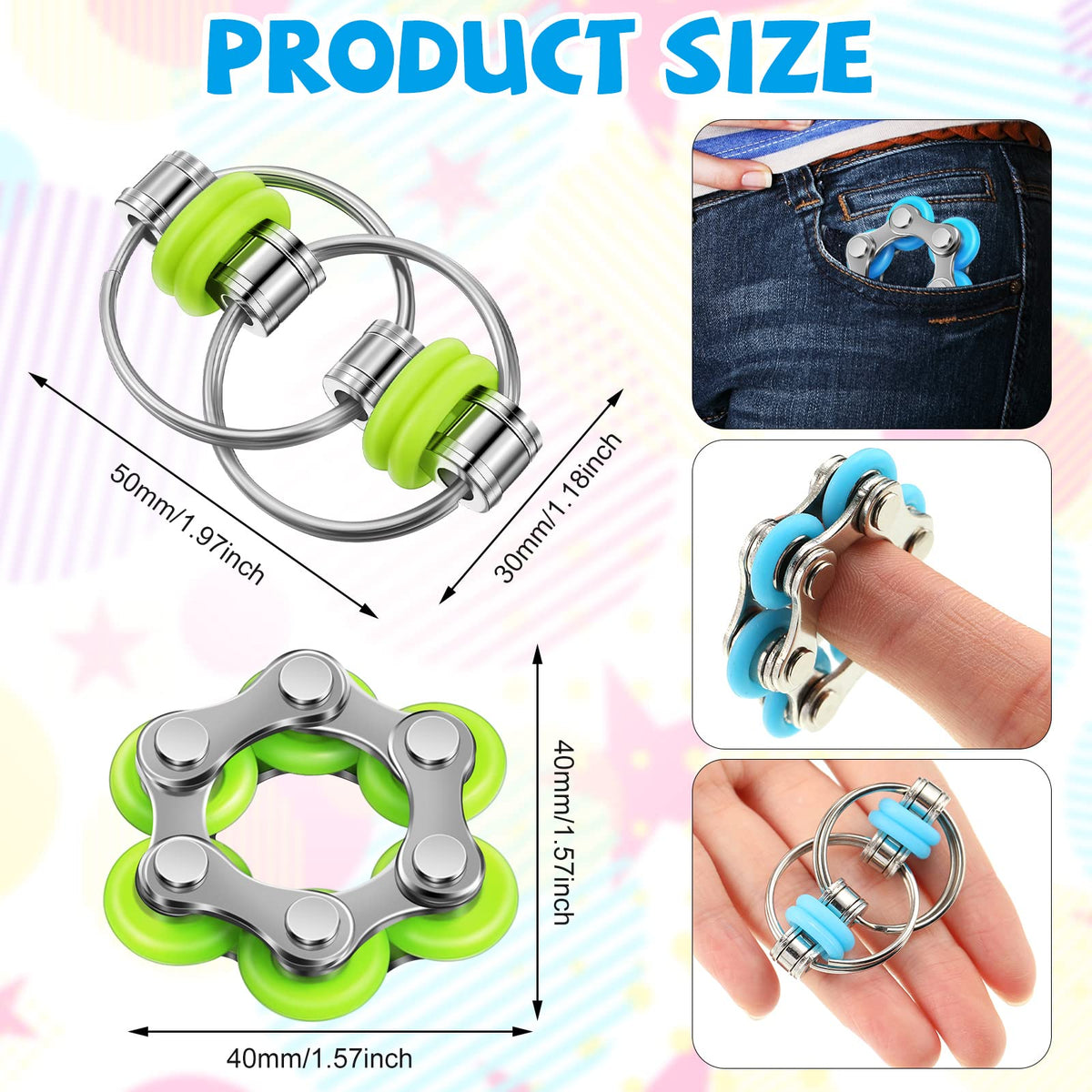 CHENGU 16 Pcs Fidget Toys Set – 8 Six-Roller Chain & 8 Bike Chain Toys for Focus & Stress Relief