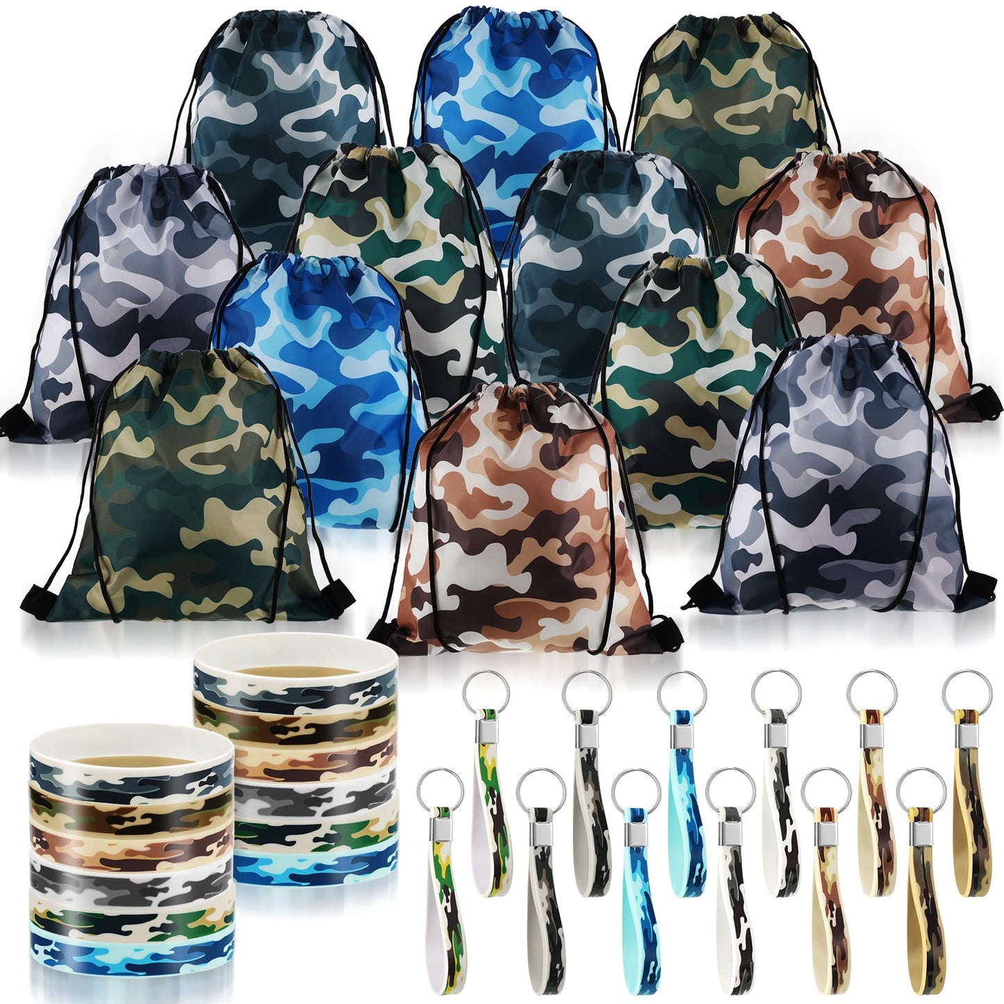 CHENGU 36 Pcs Tie-Dye Camouflage Party Favors – Drawstring Bags, Rubber Bracelets & Silicone Keychains