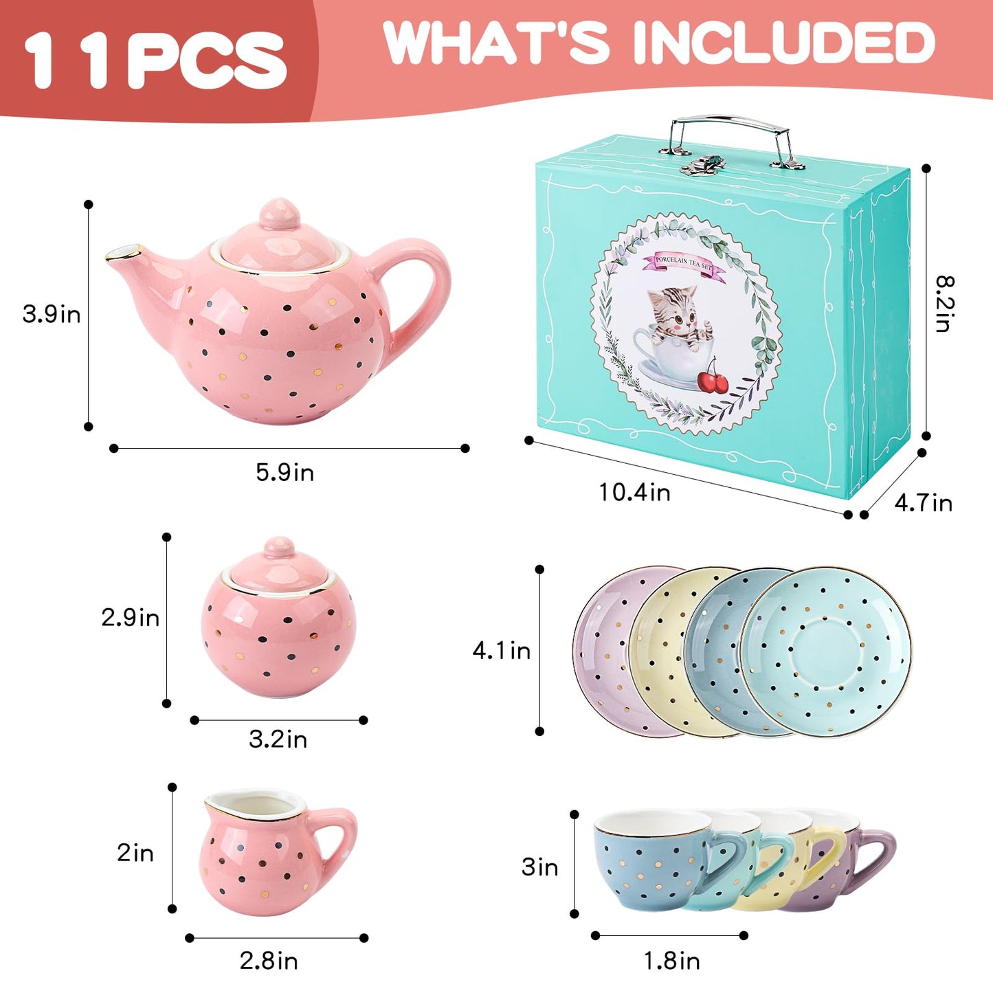 CHENP.HMC Tea Set for Little Girls – Porcelain 13-Piece with Polka Dots & Carrying Case