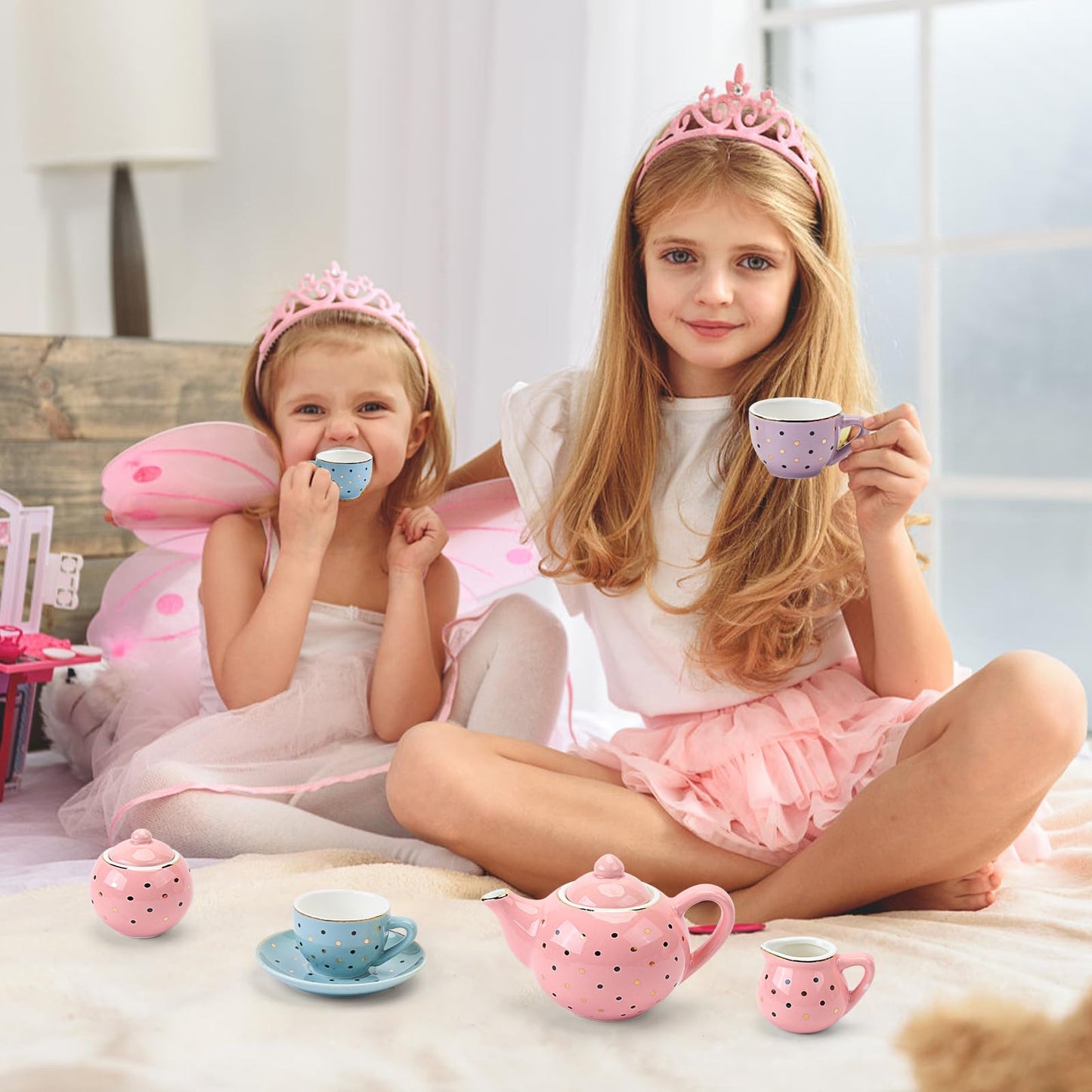 CHENP.HMC Tea Set for Little Girls – Porcelain 13-Piece with Polka Dots & Carrying Case