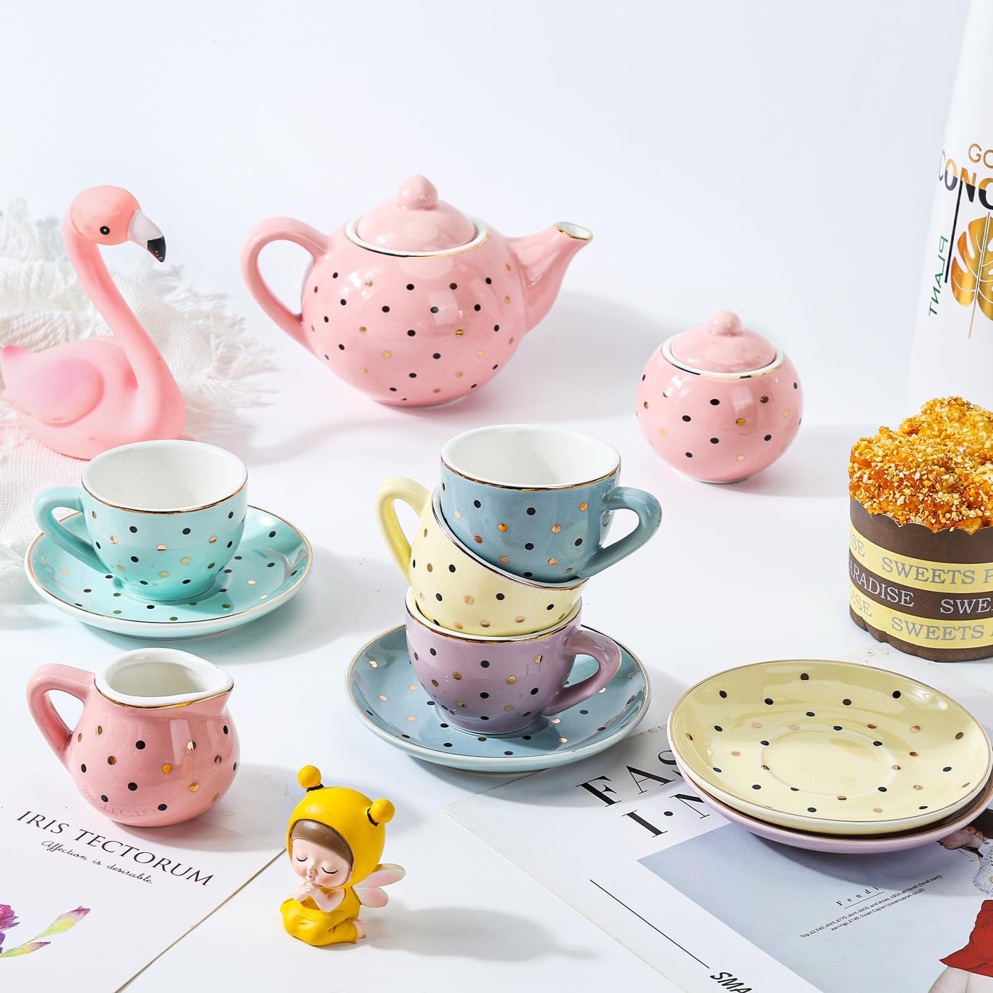 CHENP.HMC Tea Set for Little Girls – Porcelain 13-Piece with Polka Dots & Carrying Case