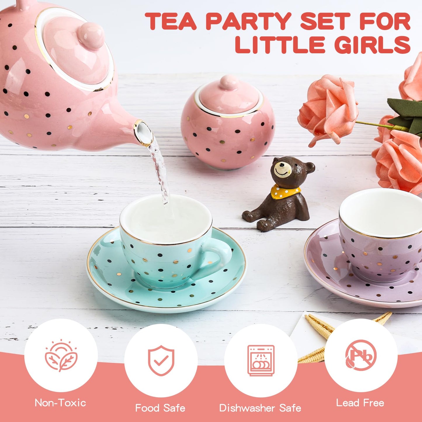 CHENP.HMC Tea Set for Little Girls – Porcelain 13-Piece with Polka Dots & Carrying Case