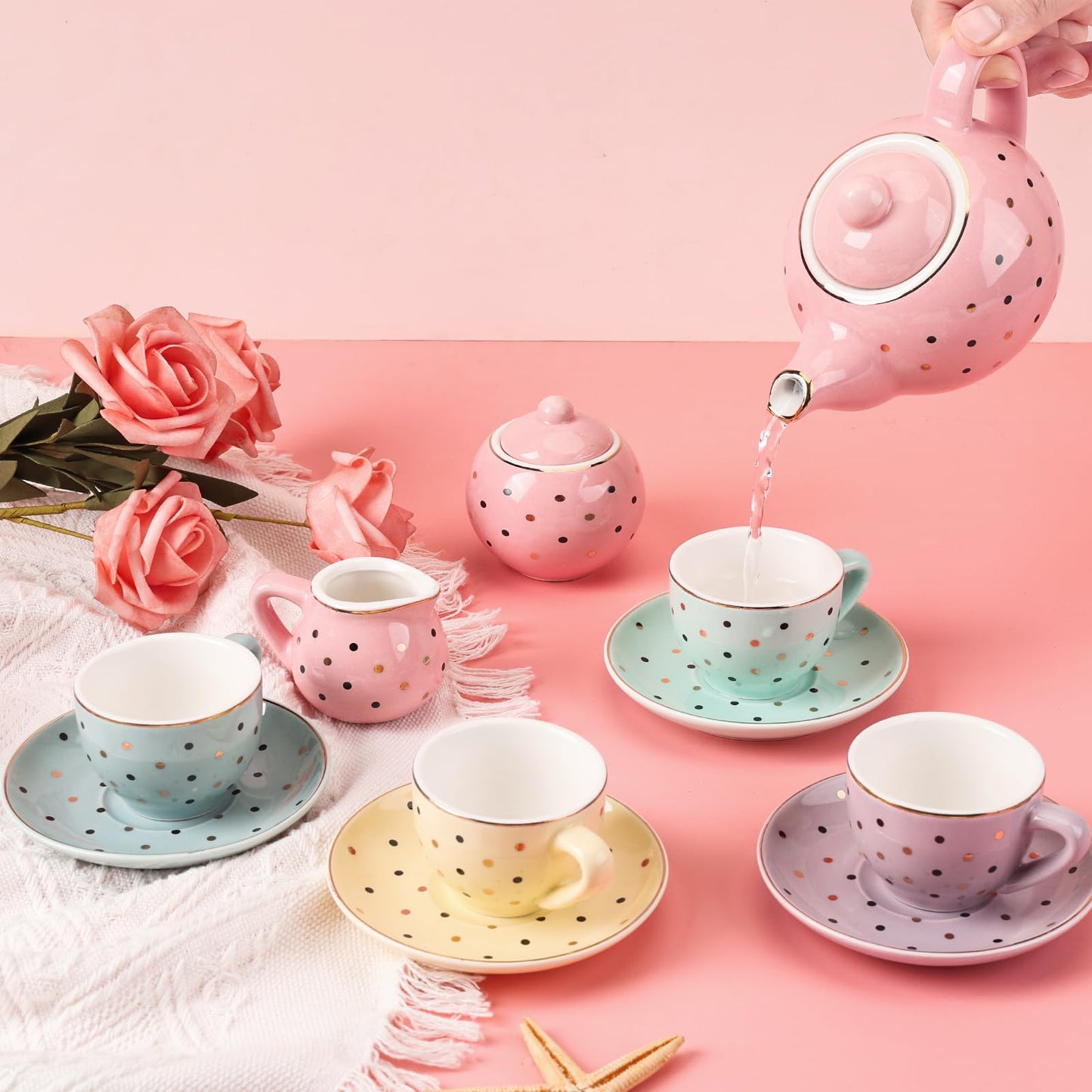CHENP.HMC Tea Set for Little Girls – Porcelain 13-Piece with Polka Dots & Carrying Case