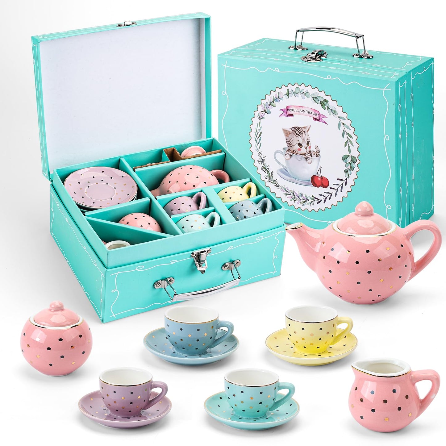 CHENP.HMC Tea Set for Little Girls – Porcelain 13-Piece with Polka Dots & Carrying Case