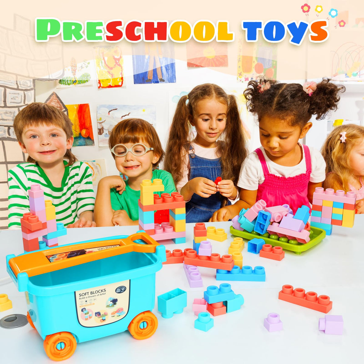 chenxuanbro Large Particle Soft Building Blocks with Handcart | 18 Months–6 Years | Preschool STEM Toy
