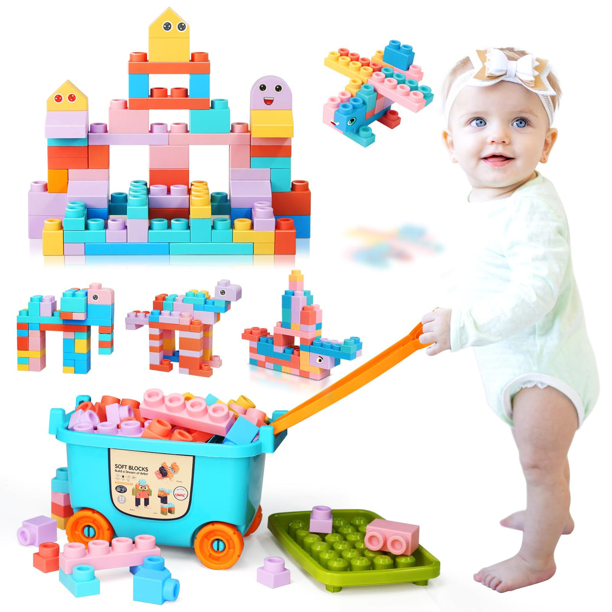 chenxuanbro Large Particle Soft Building Blocks with Handcart | 18 Months–6 Years | Preschool STEM Toy