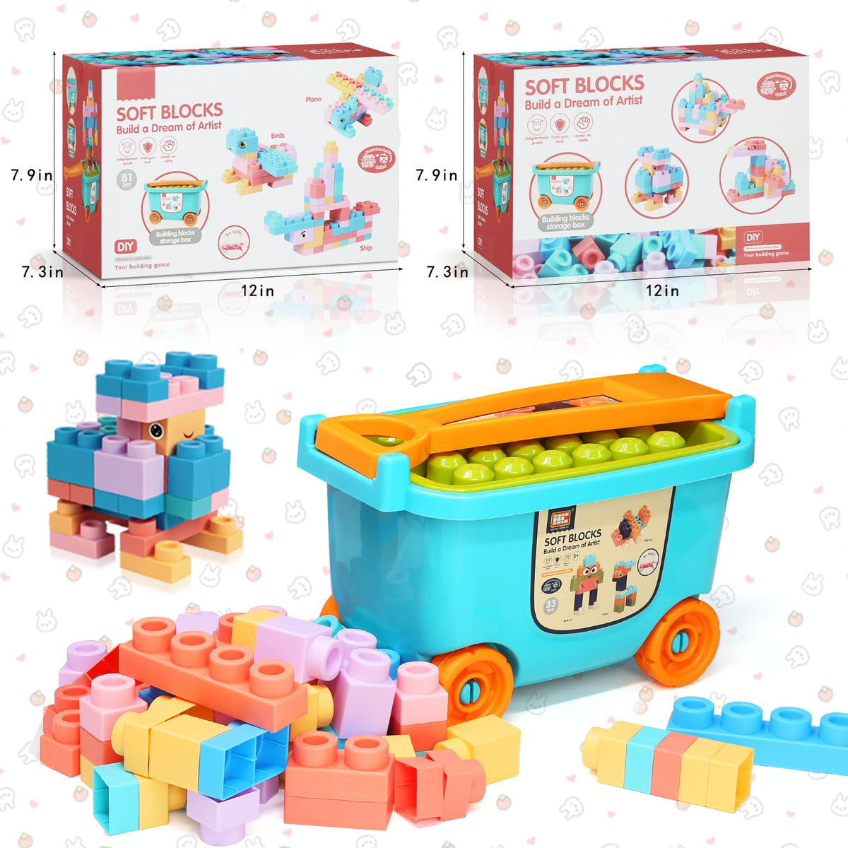 chenxuanbro Large Particle Soft Building Blocks with Handcart | 18 Months–6 Years | Preschool STEM Toy