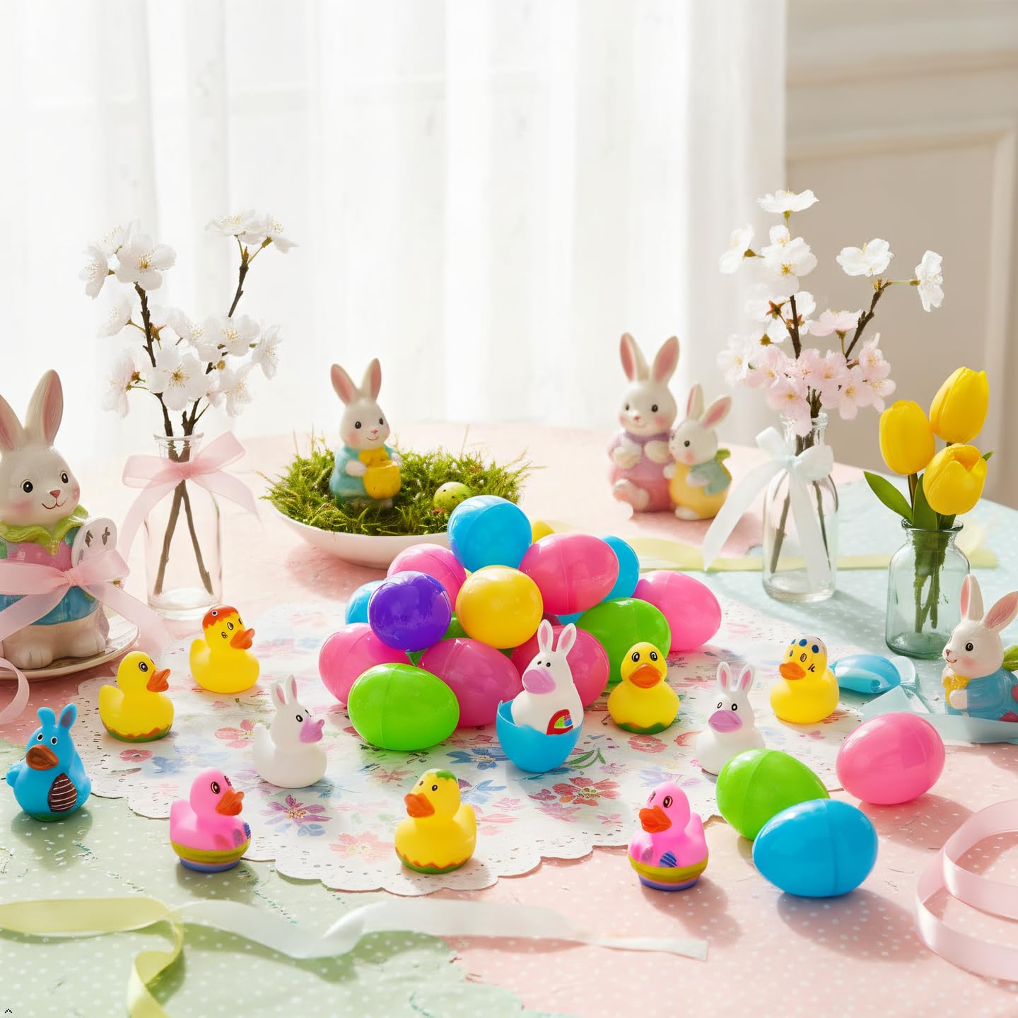 Cherislpy 24 Pcs Prefilled Easter Eggs with Bunny Duckies – Bright Colorful Bath Toys & Party Favors